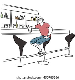 Man sitting behind the bar. Outline sketch drawn by hand. Vector illustration.