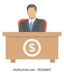 A man sitting behind a desk with a dollar sign flat icon