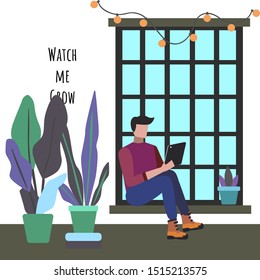 Man sitting behind the window working on his laptop. Simple flat vector illustration