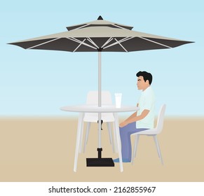 Man sitting bellow sun umbrella. vector