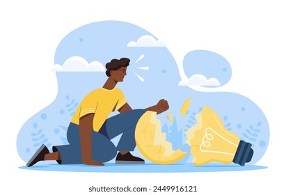Ein Mann sitzt neben einer kaputten Glühbirne, flaches Design, auf blauem Hintergrund, der ein Konzept von Versagen oder einen Rückschlag vermittelt. Flache Karikatur. Vektorillustration