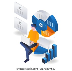 Man sitting between pie cart isometric illustration