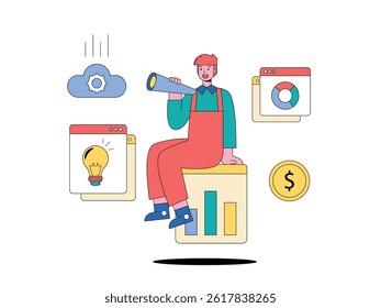 Man sitting with binoculars, looking at digital modern strategy. Character design. Vector flat illustration