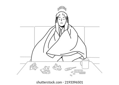 Man sitting in blanket struggle with cold or influenza. Unhealthy male suffer from covid or flu taking meds relaxing at home. Healthcare and medicine. Vector illustration. 