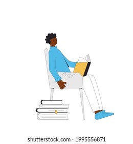 Man sitting with book isolated on white background. Male person reading a bestseller. Vector color illustration. 