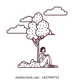 man sitting with book in landscape with trees and plants
