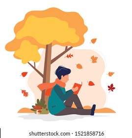 Man sitting with book under the tree in autumn. Vector illustration in flat style