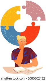 El hombre sentado con los libros está tratando de combinar el rompecabezas en su cabeza. Desarrollo cognitivo, mentalidad mental, pensamiento creativo. El tipo piensa en piezas de rompecabezas. Desarrollo de la creatividad y la inteligencia