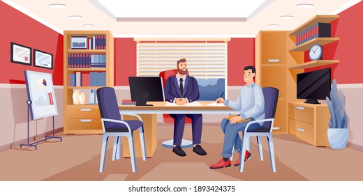 Man sitting with boss in business office. Happy employee at desk with executive or ceo of company. Business meeting conversation vector illustration. Room modern interior design.