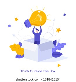 Man sitting in box and holding glowing lightbulb. Concept of creative thinking, creativity, innovative idea generation, insigth, technological breakthrough. Modern flat colorful vector illustration.