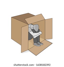 man is sitting in a box. a man without a home. depression and despair. vector illustration.