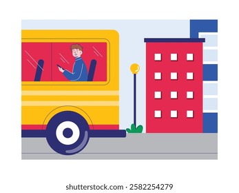 Man sitting in a bus playing on his phone, public transportation in the city. Character design. Vector flat illustration