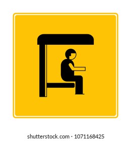 man sitting in bus station icon in yellow background