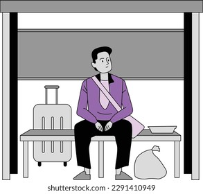 Man sitting in bus stop and waiting for bus. Vector illustration.