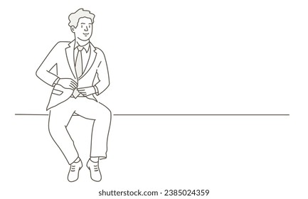 Man sitting buttoning on jacket. Hand drawn vector illustration. Black and white.