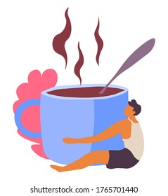Man sitting by big cup of coffee with steam hugging mug. Hot beverage in mug with tea spoon. Aromatic drink with flavor, male character in love with taste. Cafeteria or product ad vector in flat