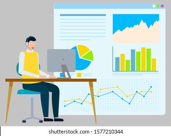 Man sitting by laptop in office vector, worker with computer looking at monitor. Whiteboard with charts and stats, analytics and predictions forecasts