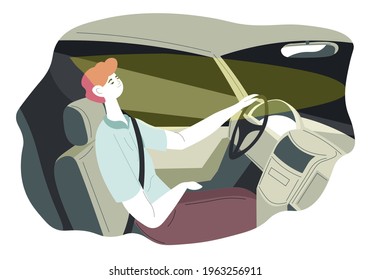 Man Sitting By Steering Wheel, Driving Car At Night. Male Character Commuting By Automobile, Transportation And Comfortable Adventures. Guy In Salon With Safety Belt Fasten. Vector In Flat Style