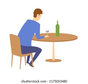 Man sitting by the table with a bottle of wine in front of him. Guy having a drink in a bar or cafe. Flat vector illustration. Isolated on white background.
