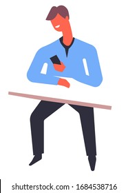Man sitting by table looking at phone screen, student texting on lessons. Teenage boy with smartphone chatting online, reading blogs and social media. Male character with cell, vector in flat