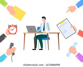 Man sitting by table and typing on laptop. Person work as secretary and doing tasks from people. Manager busy at his workplace, lot of work at office. Vector illustration of working day in flat style