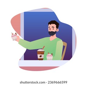 Man sitting by the window with mug of coffee and cupcake, flat vector illustration isolated on white background. Person passing cupcake to his neighbor. Concept of friendly neighborhood.