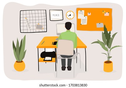 Man sitting in cabinet, working character male, business office space, flat vector illustration. Male clerk, computer, printer, leaf, flower, table, business place, design deal banner.