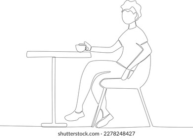 A man sitting in a cafe. Coffee shop activity one line drawing