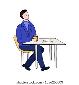 Man sitting in the cafe with cup of coffee. Vector hand drawn illustration.