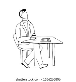 Man sitting in the cafe with cup of coffee. Vector sketch hand drawn illustration.