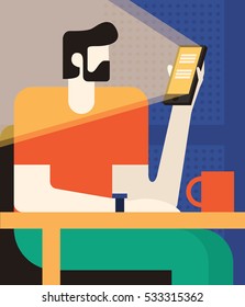 Man is sitting in a cafe with a gadget. Lunch break. Vector illustration.