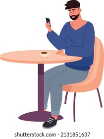 Hombre sentado en la cafetería y mirando la pantalla del smartphone aislado en fondo blanco