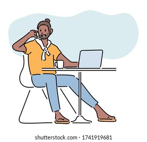 A man is sitting in a cafe spreading out his laptop and talking on the phone. hand drawn style vector design illustrations. 