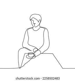 man sitting at a cafe table with a cup of coffee or tea - one line drawing vector. cafe summer terrace concept