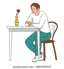 Hombre sentado en el café en el Vector de mesa aislado. Dibujo de garabato dibujado a mano de un personaje masculino sentado solo con un vaso de bebida. Rosa en jarrón.