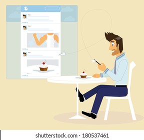 A man is sitting in a cafe and taking a photo of a cake and then posting it in his account on social networking or community blog to get more likes and followers