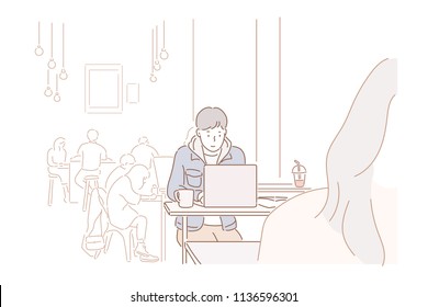 A Man Sitting At A Cafe Working On A Laptop. Hand Drawn Style Vector Design Illustrations.