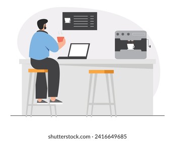 Man sitting in a cafe working on a laptop drinking hot coffee, enjoying the moment. Character design. Vector flat illustration