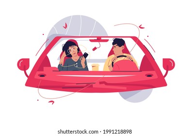 Man sitting in car behind wheel vector illustration. Woman on passenger seat using mobile phone flat style. Safety driving, traffic, travel, vehicle concept. Isolated on white background