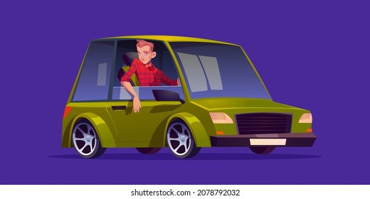 Man sitting in the car, driver cartoon character wear red chequered shirt sitting at green sedan automobile helm looking through open window. Isolated male personage, vehicle owner Vector illustration