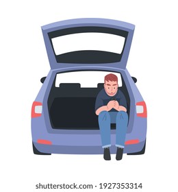 Man Sitting in Car Trunk Using Smartphone Vector Illustration