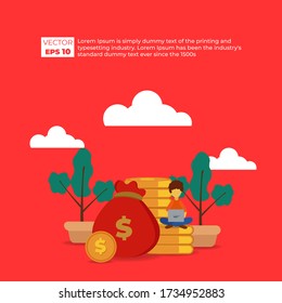 man sitting casually playing a laptop for market analysis, Finance performance of return on investment ROI concept with upward arrow sign. dollar symbol icon in flat style vector illustration