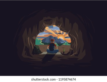 A man sitting in cavern, in a beautiful evening, thinking about his plans for tomorrow.