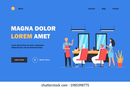 Man sitting in chair in barbershop isolated flat vector illustration. Cartoon hairdressers making haircut for clients. Hairdressing salon and fashion concept