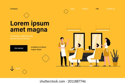 Man sitting in chair in barbershop isolated flat vector illustration. Cartoon hairdressers making haircut for clients. Hairdressing salon and fashion concept