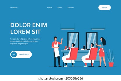 Man sitting in chair in barbershop isolated flat vector illustration. Cartoon hairdressers making haircut for clients. Hairdressing salon and fashion concept
