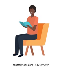 man sitting in chair with book in white background