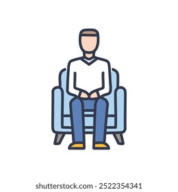 Man sitting in chair. Man in casual clothing relaxing in a comfy armchair. Perfect for themes of relaxation, leisure, and comfort.