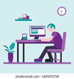 Man sitting in a chair at the computer. Distance working concept. Simple Illustration "work at home".  