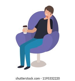 man sitting in chair with container coffee avatar character